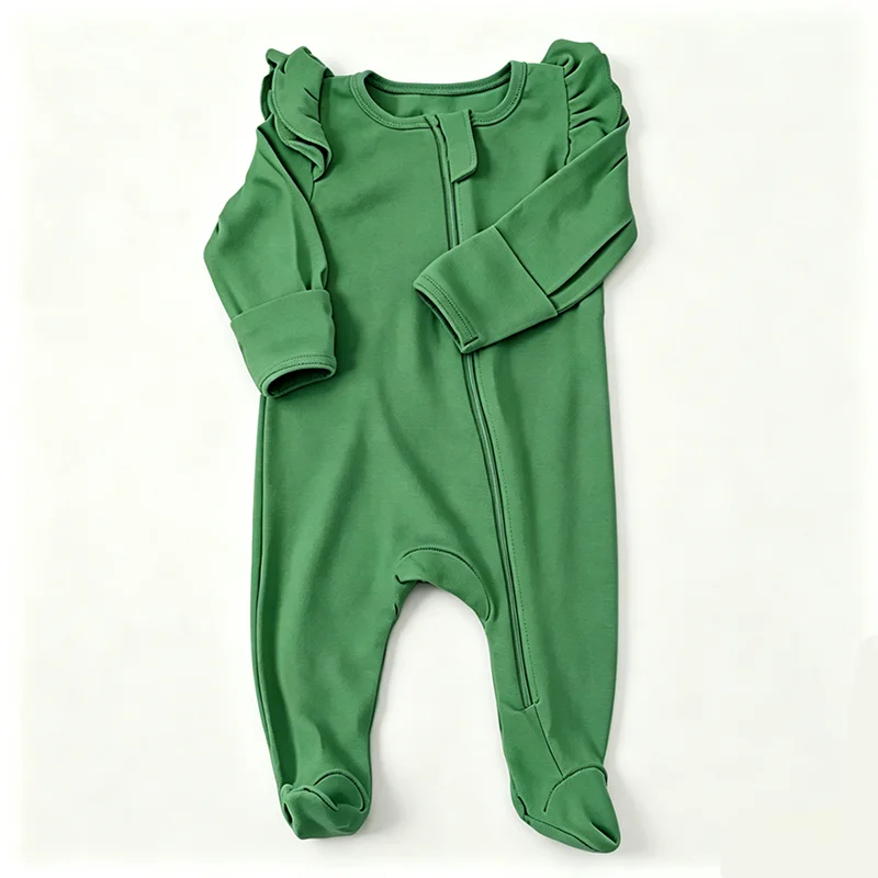 Baby 95% Cotton 5% Spandex Stretchy Romper Solid Color Long Sleeve Zipper Footed Onesie Ruffle Trim Breathable Unisex