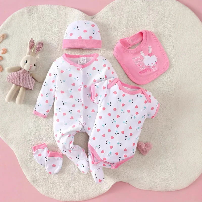 Baby Cartoon Antibacterial Soft Five piece Pajamas Suit Short sleeved Harper Long Climbing Cotton Spring Summer Newborn Baby