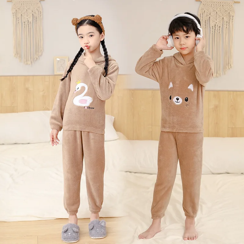 Baby Children's Coral Fleece Pajamas Home Warm Clothes Pajamas Men's and Women's Warm Suits with Hats
