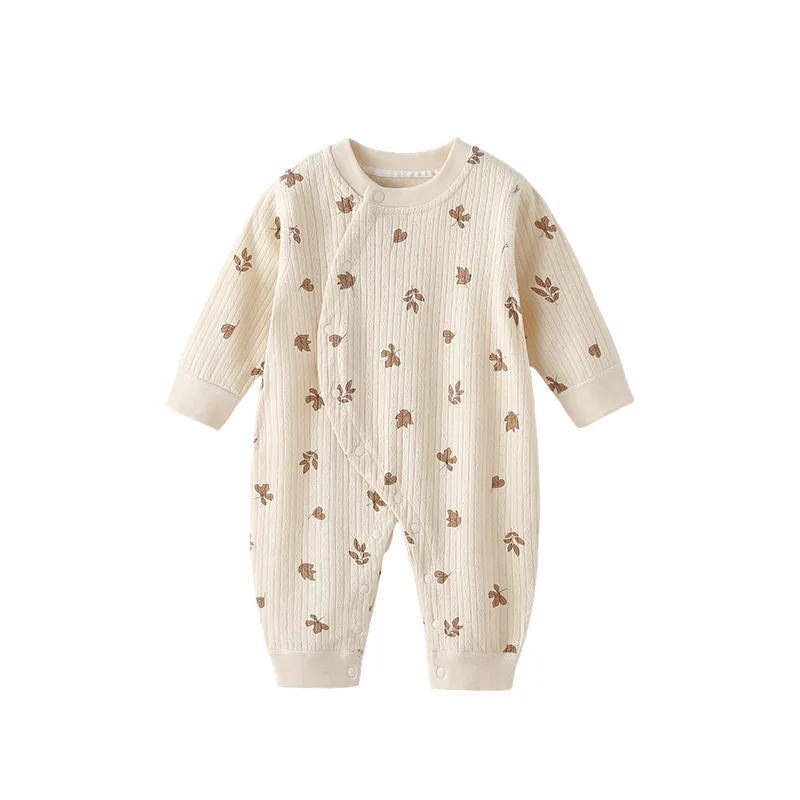Baby Clothes Pure Cotton Unisex Spring Autumn Newborn Jumpsuit Romper Boneless Base Underwear Pajamas Leaf Print Single-breasted