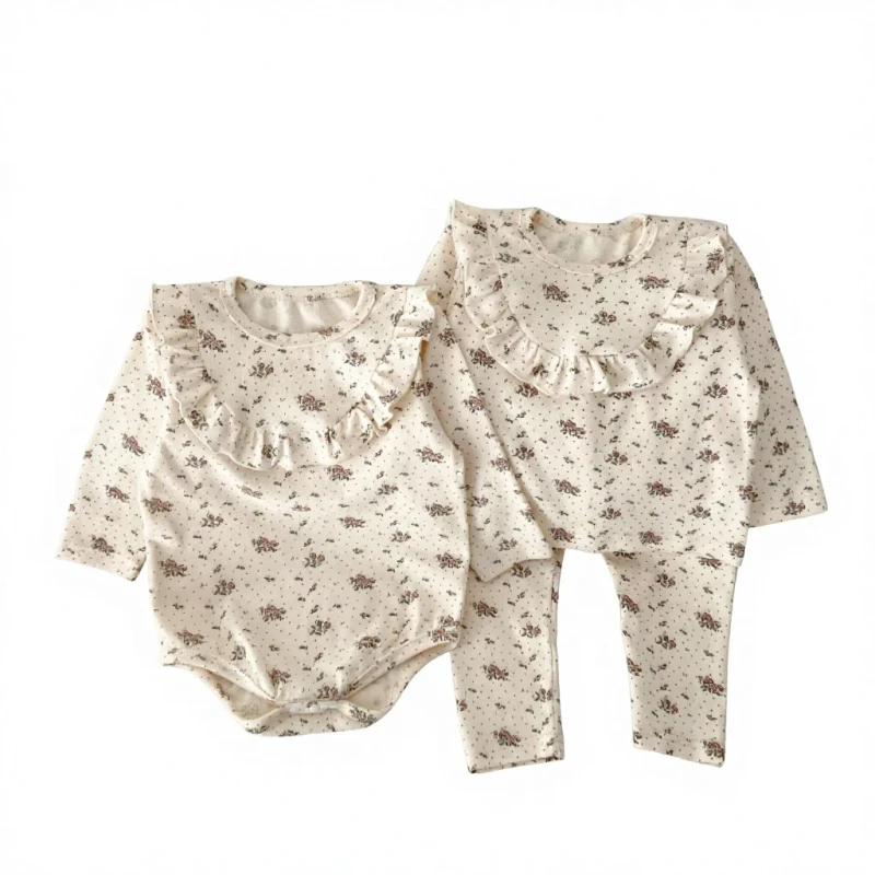 Baby Girl Autumn Home Suit Small Floral Cotton Romper Two-piece Pajamas Crawling Clothes Baby Sleeping Set