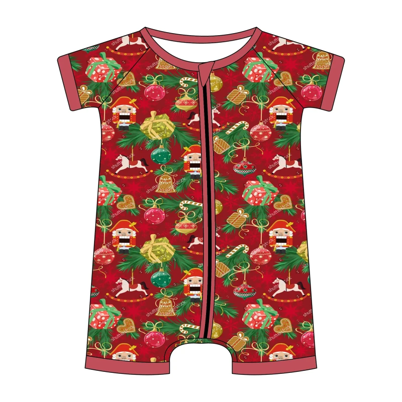 Baby Girl Casual Short Sleeve Christmas Nutcracker Print Breathable Bamboo Spandex Zip Romper