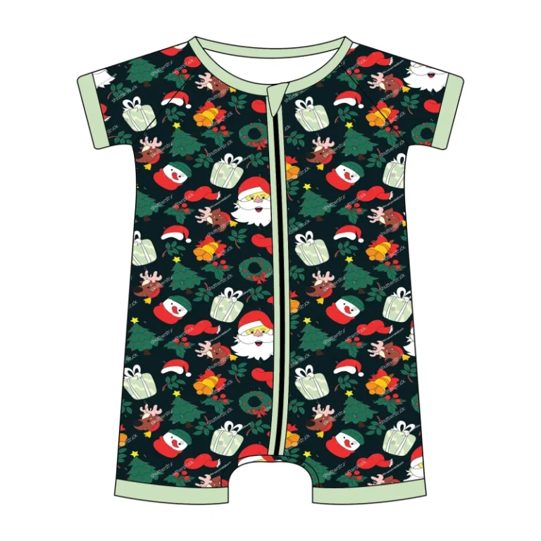 Baby-Girl-Infant-Casual-Short-Sleeve-Bamboo-Spandex-Romper-Christmas-Theme-Black-Santa-Snowman-Print-Breathable-Zip-Model
