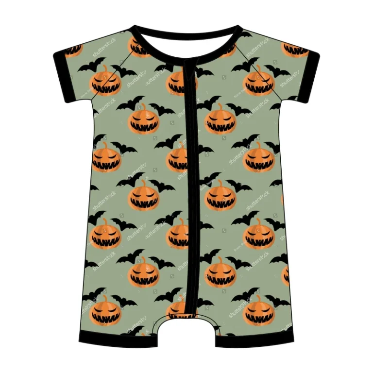 Baby-Girl-Short-Sleeve-Romper-Halloween-Jack-O-Lantern-Bat-Print-Zip-Up-Playsuit