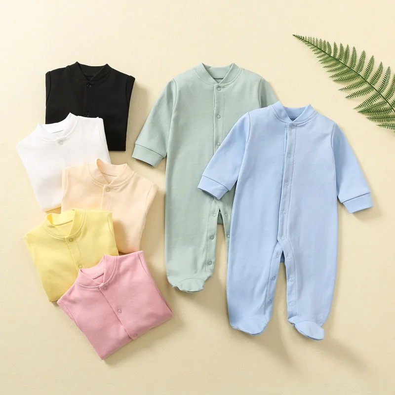 Baby Pajamas Plain Cotton Footed Romper Long Sleeve Jumpsuit