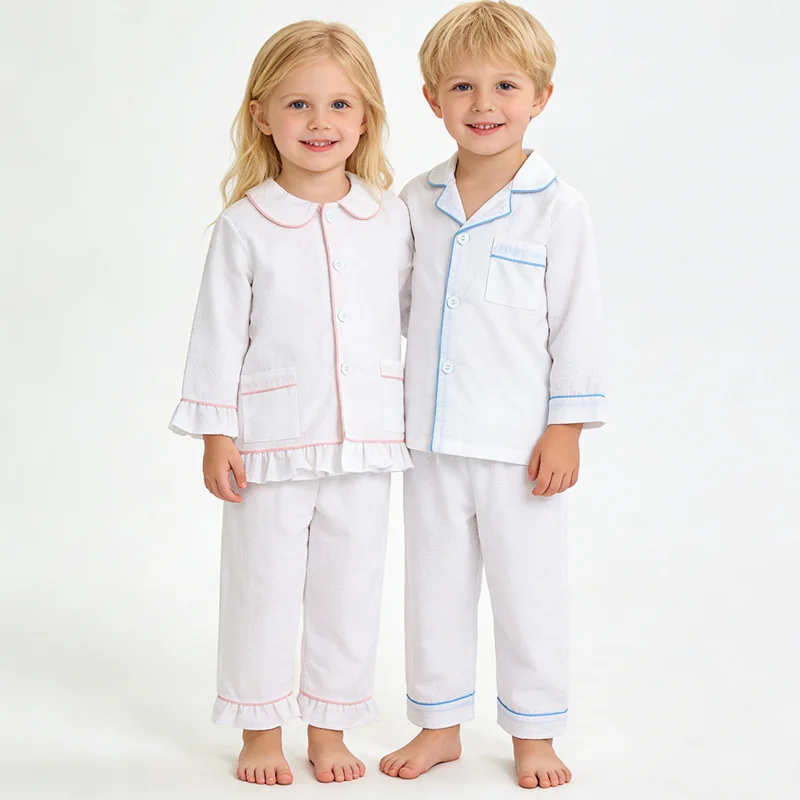 Baby Seersucker Pajamas Set 100% Cotton Breathable Long Sleeve Sleepwear Toddler Boys Girls Two Piece Classic Button Down