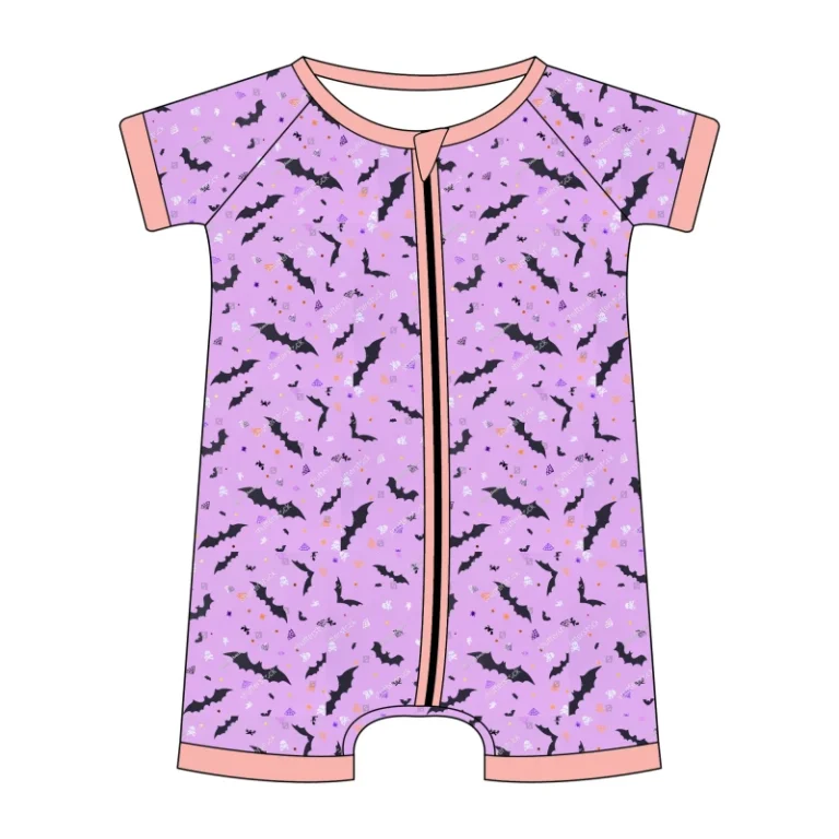 Baby-Short-Sleeve-Romper-Purple-Halloween-Bat-Print-Zip-Up-Infant-Playsuit-Bamboo-Breathable