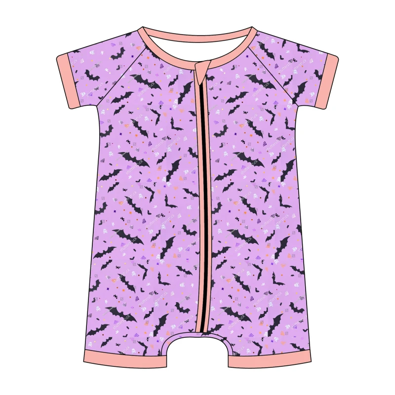 Baby Short Sleeve Romper Purple Halloween Bat Print Zip-Up Infant Playsuit Bamboo Breathable