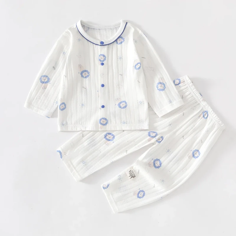 Baby Unisex Two piece Set Summer Long sleeve Neck Pajamas Air conditioning Outfit Pure Cotton Thin Loungewear Infants Cartoon