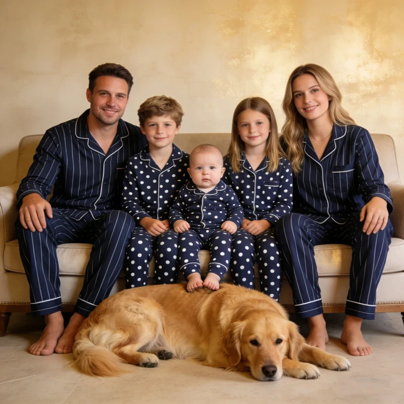 Bamboo Blend Family Matching Pajamas Eco Friendly Striped Polka Dot Sleepwear ODM Loungewear Set for All Ages