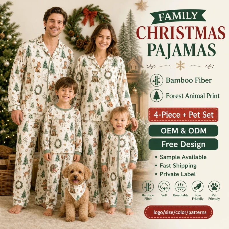 Bamboo Family Christmas Pajamas Forest Animal Matching Set with Dog Bandana Custom