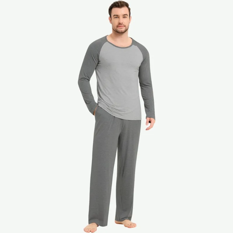 Bamboo Fiber Spandex Men's Breathable Eco friendly Quick Dry Knitted Print Neck Long Sleeve Summer Pajama Sets for Home Hotel