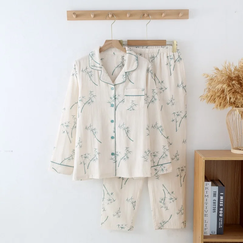 Bamboo Printing Pure Cotton Gauze Women Pajamas Lapel Long Sleeve Custom Logo Women's Cotton Pajamas