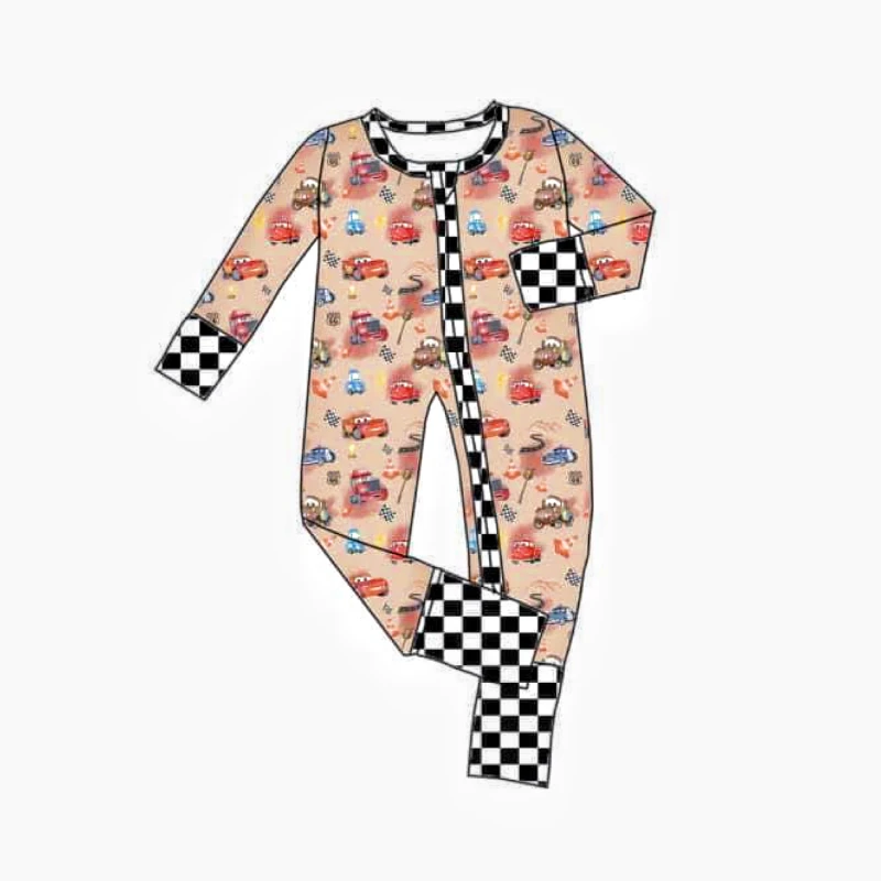 Bamboo Spandex Car Pattern Long Sleeve Footie Newborn Baby Zipper Sleepwear for Boys