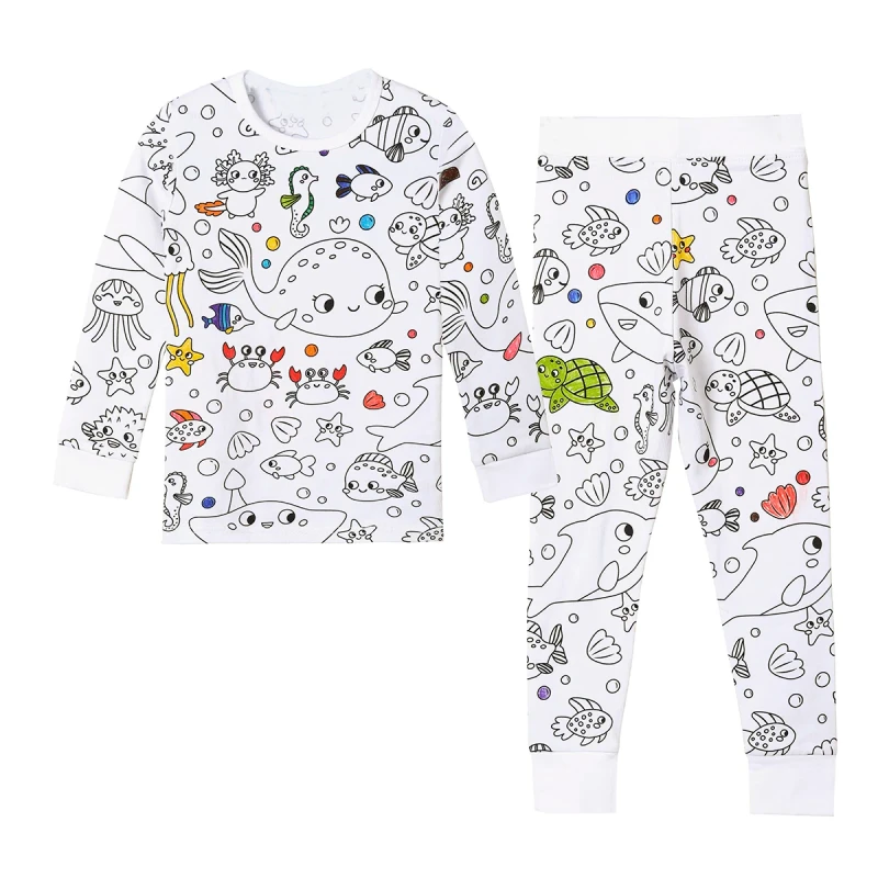 Bamboo Spandex Toddler Cartoon Graffiti Pijama Long Sleeve 2pcs Diy Colouring Pajama Set Baby Hand painted Pyjama