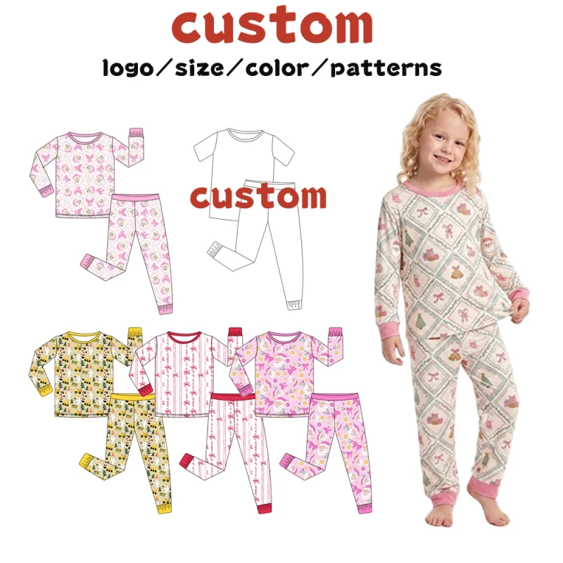 Bamboo Viscose Children Pajama Set Allover Character Print Fitted Long Sleeve Loungewear OEM ODM Manufacturer