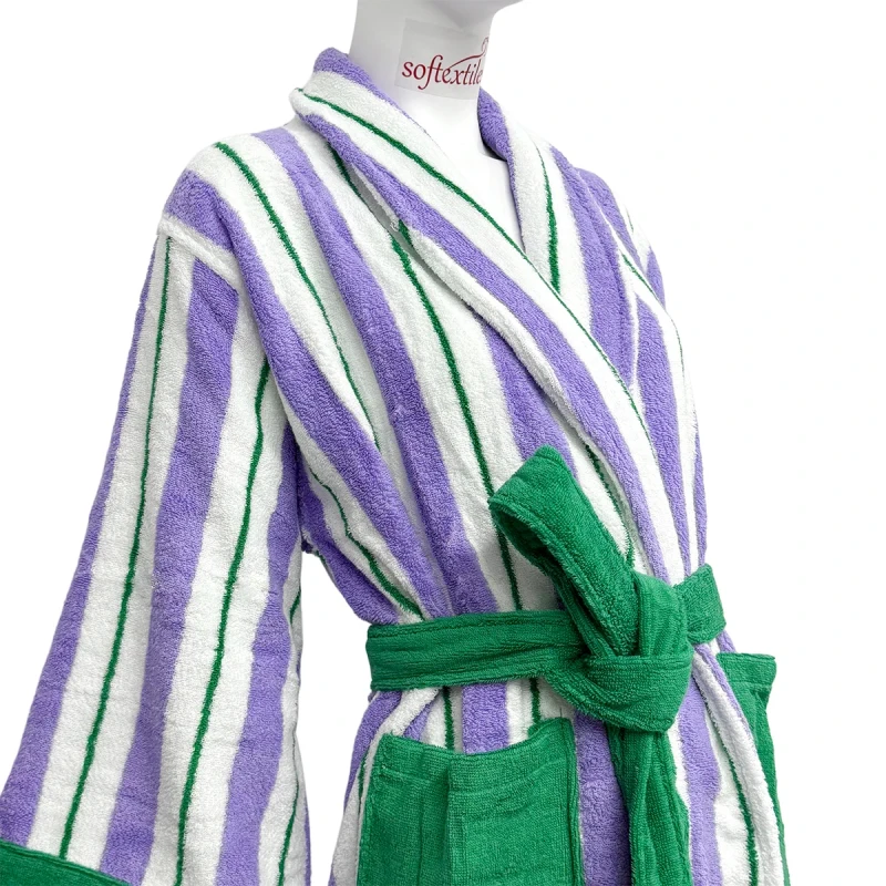 Bathrobe Custom Logo ODM Front Spring Striped Color Absorbent Cotton Combed Cotton Adult Couple Luxury Bath Robe
