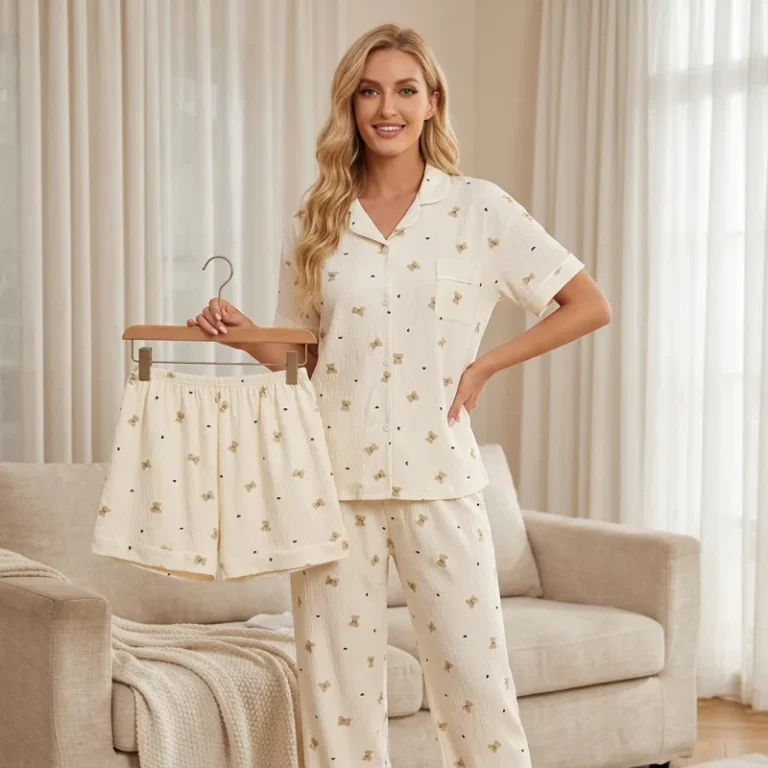 Bear-Printed-Wrinkled-Cloth-Three-Piece-Suit-Short-Sleeve-Soft-Elastic-Waist-Breathable-Womens-Pajamas