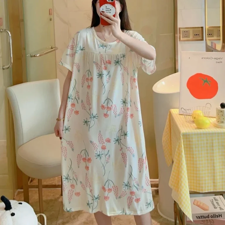 Bedtime-Dress-for-Women-Summer-Short-sleeved-Polyester-Cotton-Pajamas-Sweet-Casual-Loose-Plus-size-Dress-Quick-Dry-Breathable