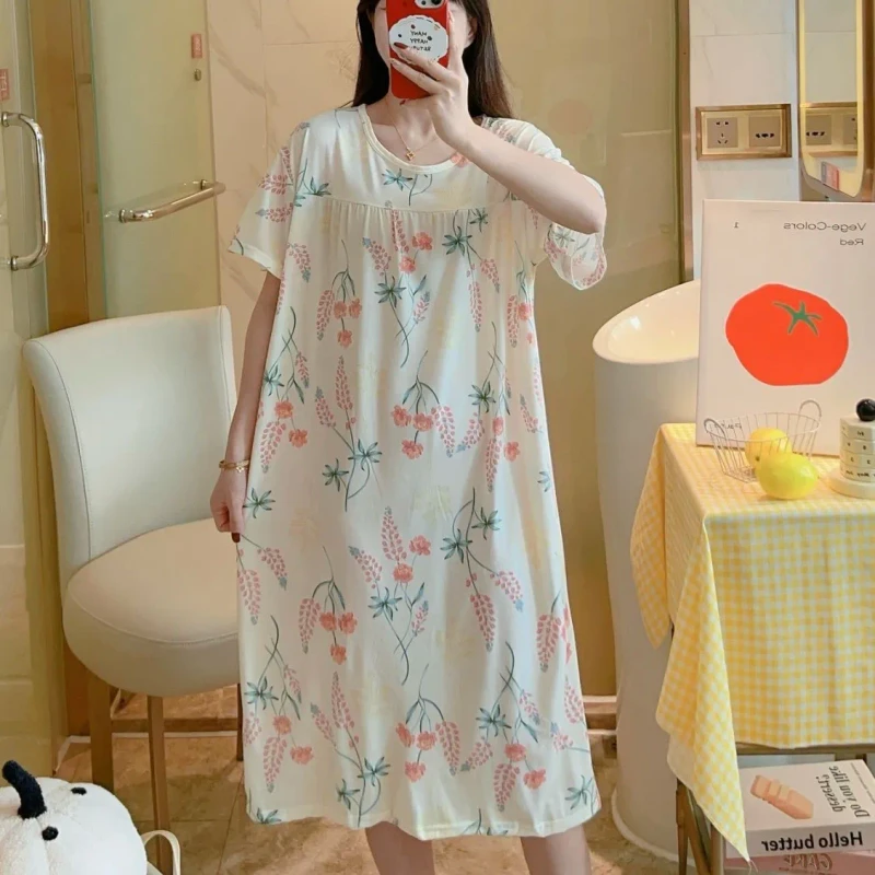 Bedtime Dress for Women Summer Short sleeved Polyester Cotton Pajamas Sweet Casual Loose Plus size Dress Quick Dry Breathable