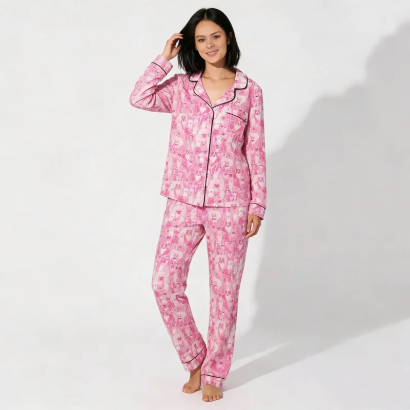 Beefey Puppy Printing Women's Long Pajamas Sets Two-piece Nightwear Set for Winter Cozy Soft
