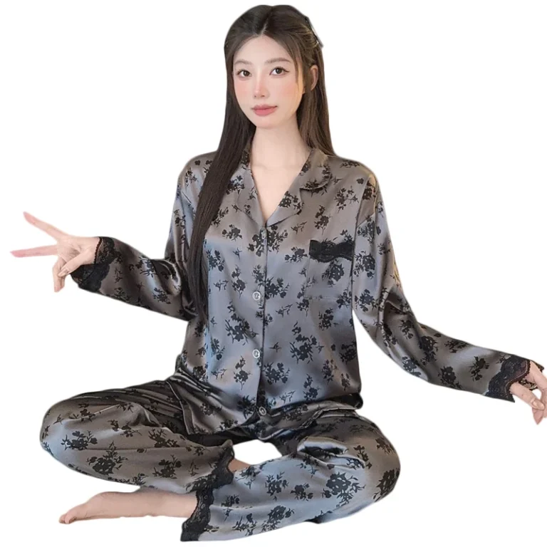 Black-Floral-Womens-Pajamas-New-Spring-Style-Long-sleeve-Fashionable-Silk-like-Loungewear-Real-life-Photos