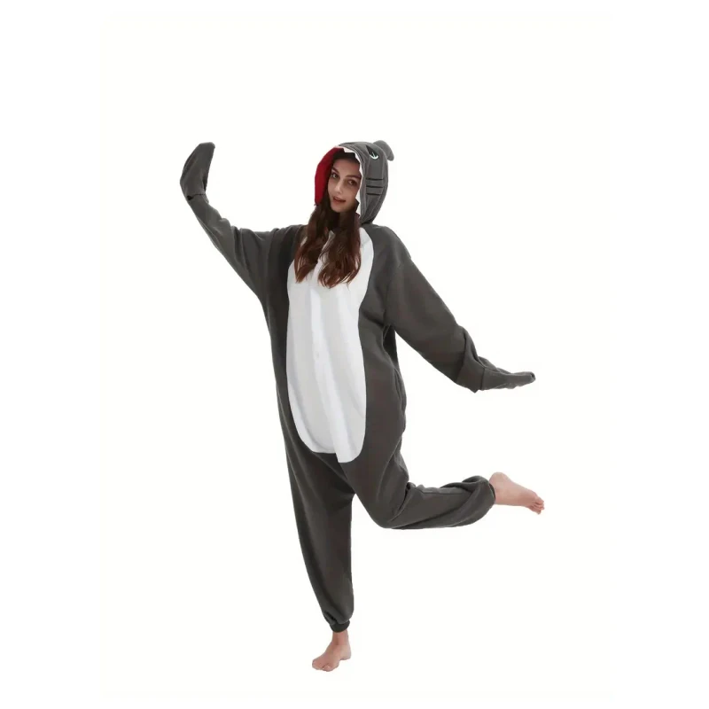 Black Gray Animal Cartoon Cosplay Hooded Onesie Pajamas Polyester Adult Costume Sleepwear