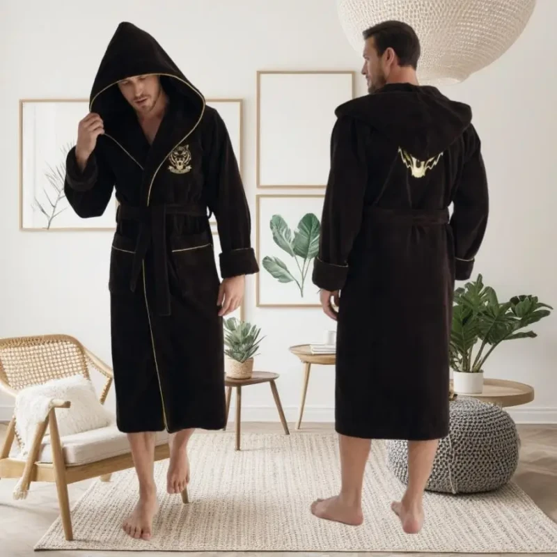 Black Home Men Terry Cotton Bathrobes Custom Spa Cotton Hooded Bath Robes With Embroidery Logo