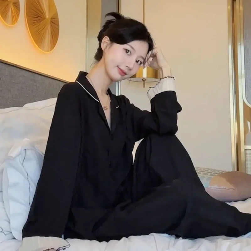 Black Pajamas for Women in Spring and Autumn Cotton Solid Long Sleeved Lapel Home Clothes Nightshirts Suits