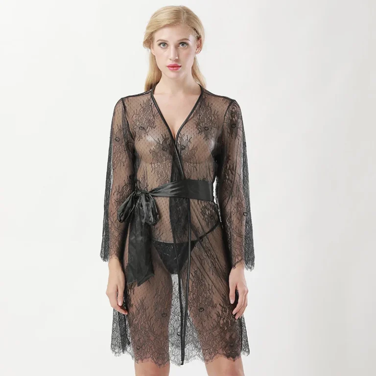 Black-Sexy-Sleepwear-Nightwear-Plus-Size-Wrist-Cuff-Above-Knee-Robes-With-Belt-for-Women-Bathrobes