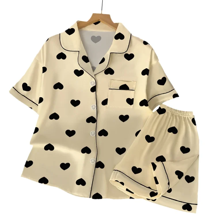 Black-Short-sleeve-Summer-Womens-Rayon-like-Pajama-Sets-With-Heart-Motifs