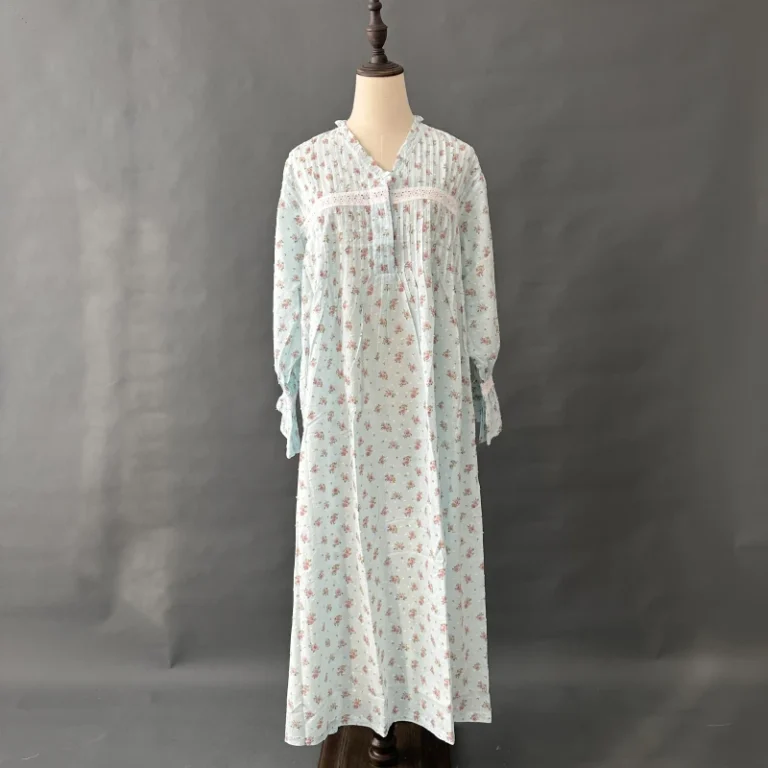 Blue-Floral-Long-Sleeve-Cotton-Nightdress