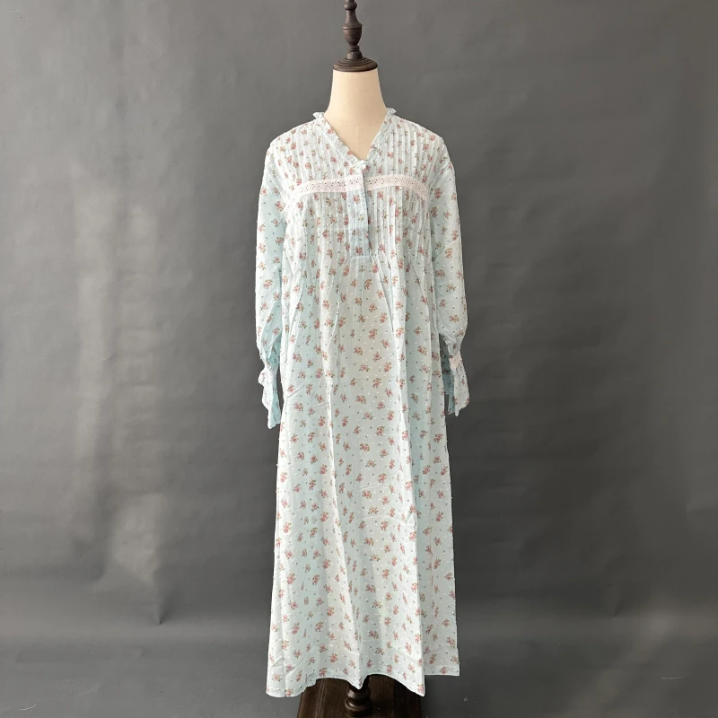 Blue Floral Long Sleeve Cotton Nightdress
