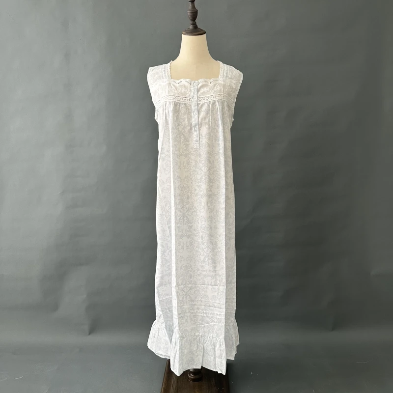 Blue Toile Sleeveless Embroidered Nightdress