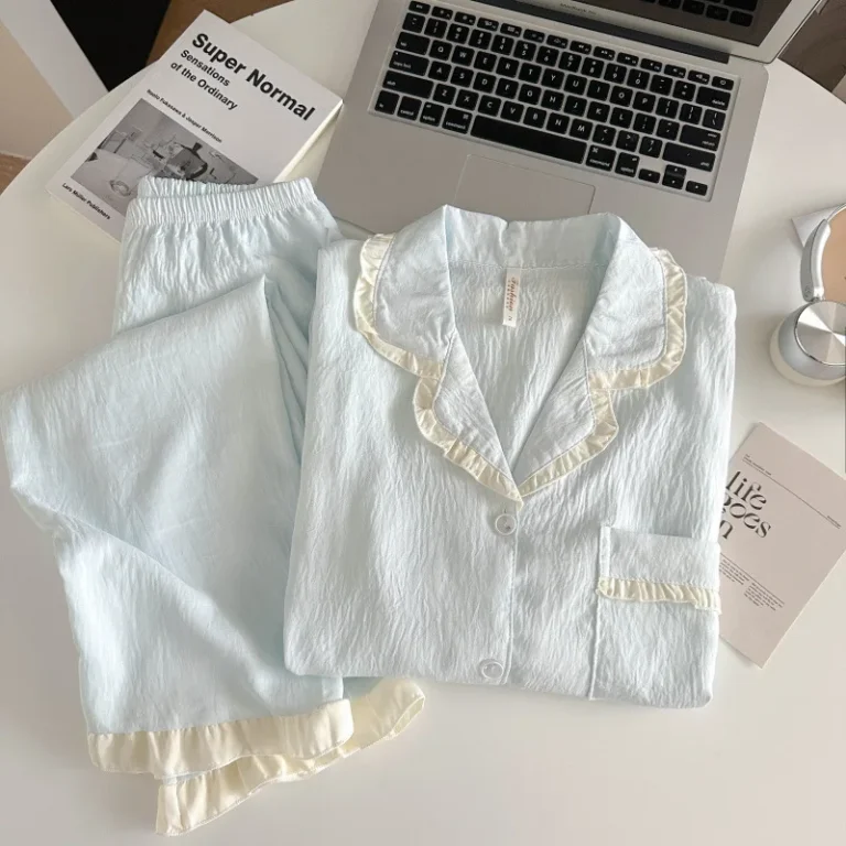 Blue-Womens-Pajamas-Elastic-Waist-Cloud-Cotton-Long-sleeved-Cardigan-Sweet-Student-Home-Wear-Spring