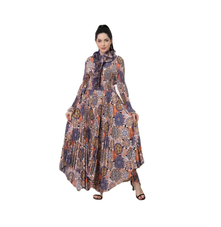 Boho-Pleated-Scarf-Collar-Floral-Dress-Full-Sleeves-Irregular-Loose-Robe-for-Women-Prom-Party-Church