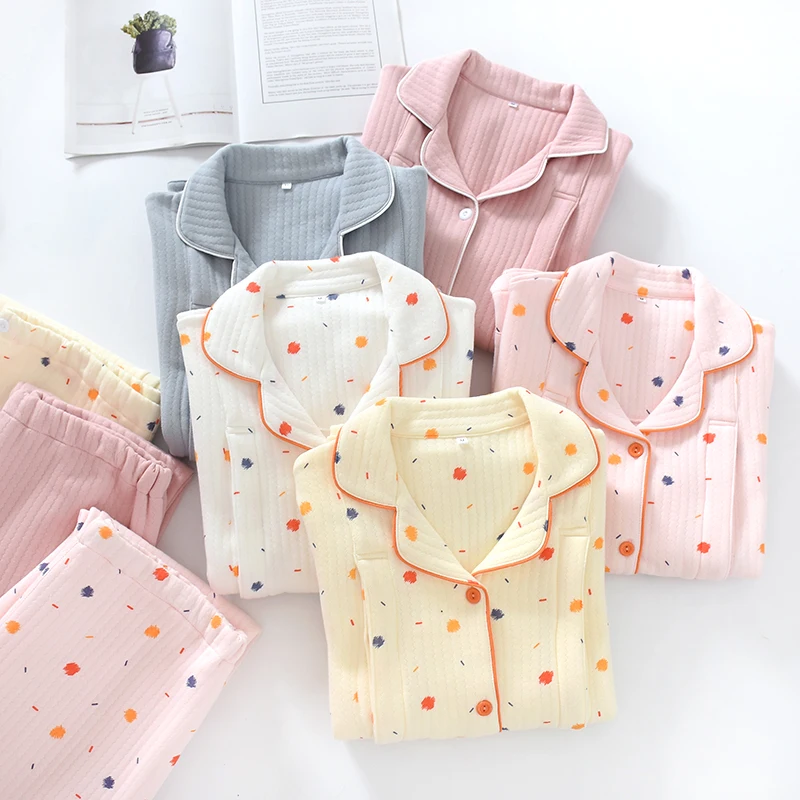 Breastfeeding Winter Pajamas Long Sleeves V-Neck Nightgown Women Sleepwear Cotton Nightdress Set