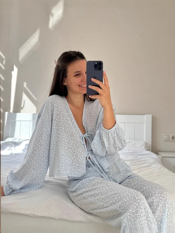 Breathable 2 Piece Pajamas Tie Waist Homewear Set Fresh Style Loungewear Women's Long Sleeve Pants Pajamas Casual Sleepwear
