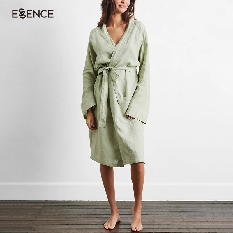 Breathable Belted Robes Woven Solid Cotton Bath Robe Spa Linen Women Robes