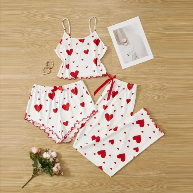 Breathable-Elastic-Waist-Camisole-Three-Piece-Summer-Pajama-Set-with-Ribbed-Knitted-Fabric-Heart-Print-Trousers-Loose-Fit