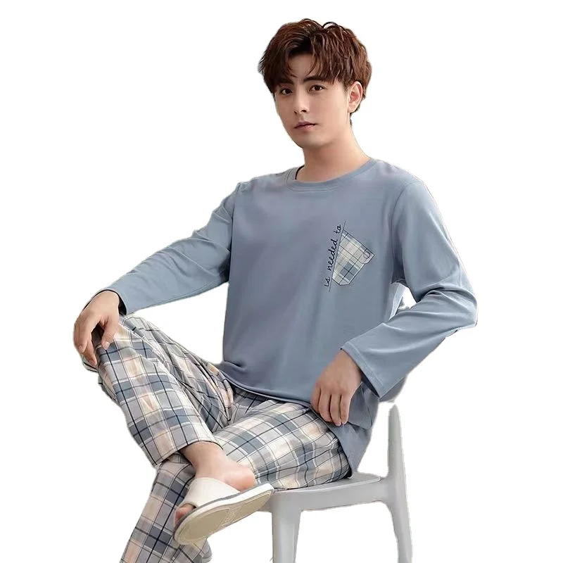 Breathable Fleece Loungewear Plaid Pants and Solid Tops Men's Adult Pajama Sets Cotton Sleepwear