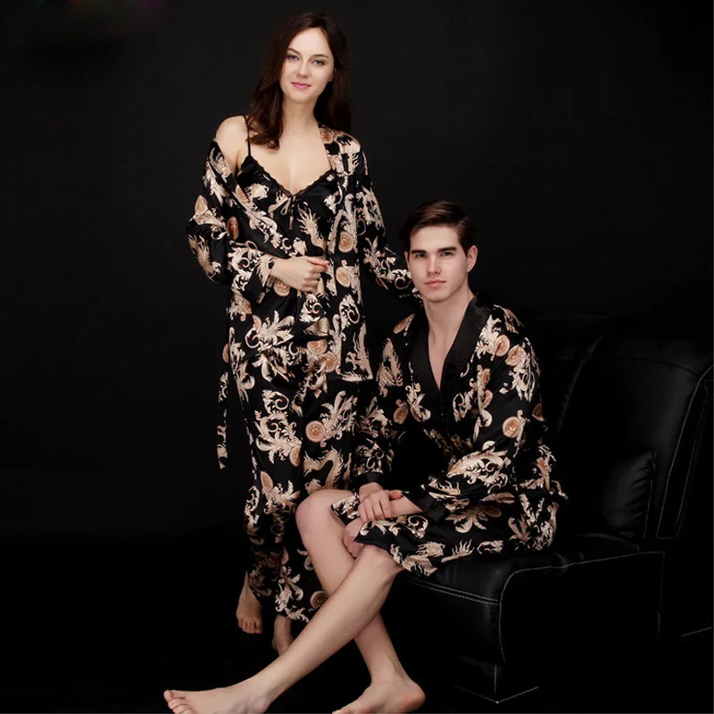 Breathable Ice Silk Floral Couple Pajamas Women's Summer Three-piece Suit Men's Nightgown Bathrobe