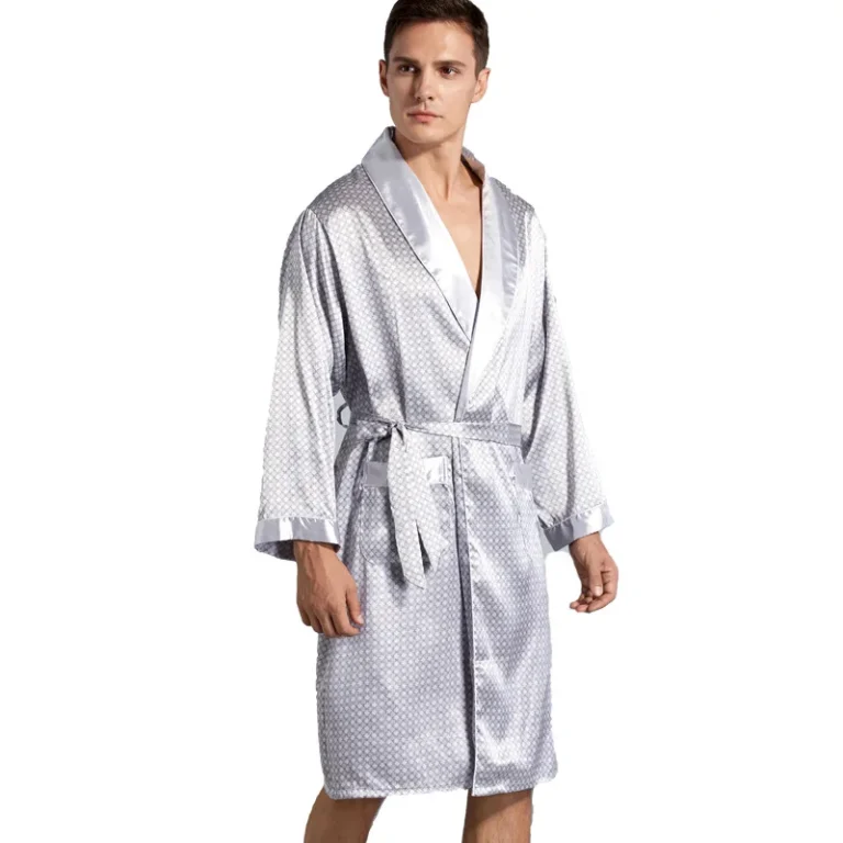 Breathable-Imitated-Silk-Fabric-Mens-Pajamas-Summer-Home-Nightgown-Bathrobe-Long-Sleeve-Solid-Pattern-Pockets-Casual
