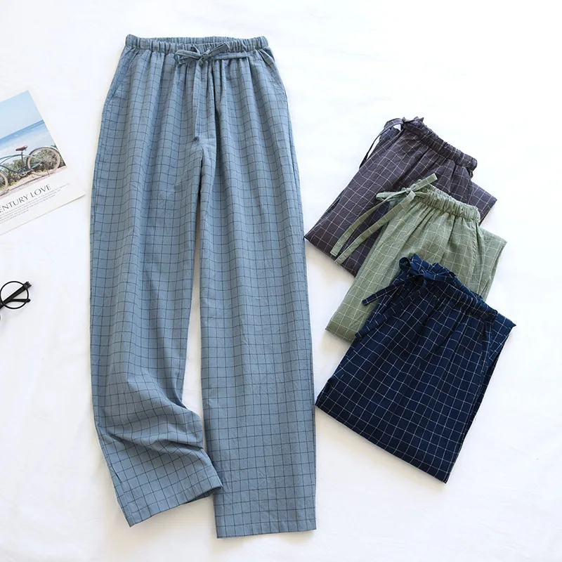 Breathable Knitted 100% Cotton Casual Men's Plaid Pajama Long Pants Comfortable Loose Home Sleep Bottoms