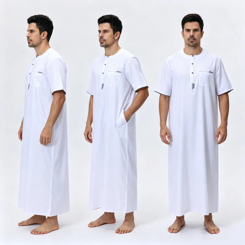 Breathable Men's Muslim Thobe Saudi Arabia Kandura Thawb Short Sleeve Traditional Middle Eastern Robe for Daily Wear