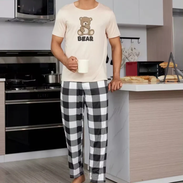 Breathable-Pajamas-for-Men-Set-Mens-Cartoon-Bear-Print-Knitted-Tee-Plaid-Pants-Pajamas-Mens-Sleepwear