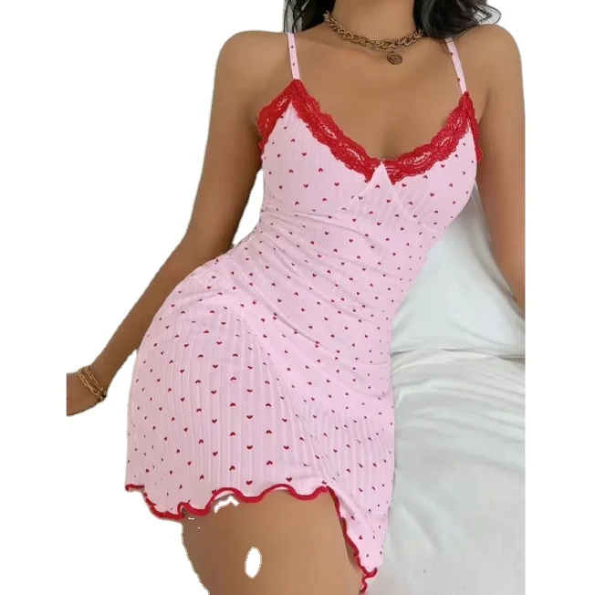 Breathable Polyester European American Style Heart Print Slim fit Sleeveless Lace V neck Women's Camisole Nightdress