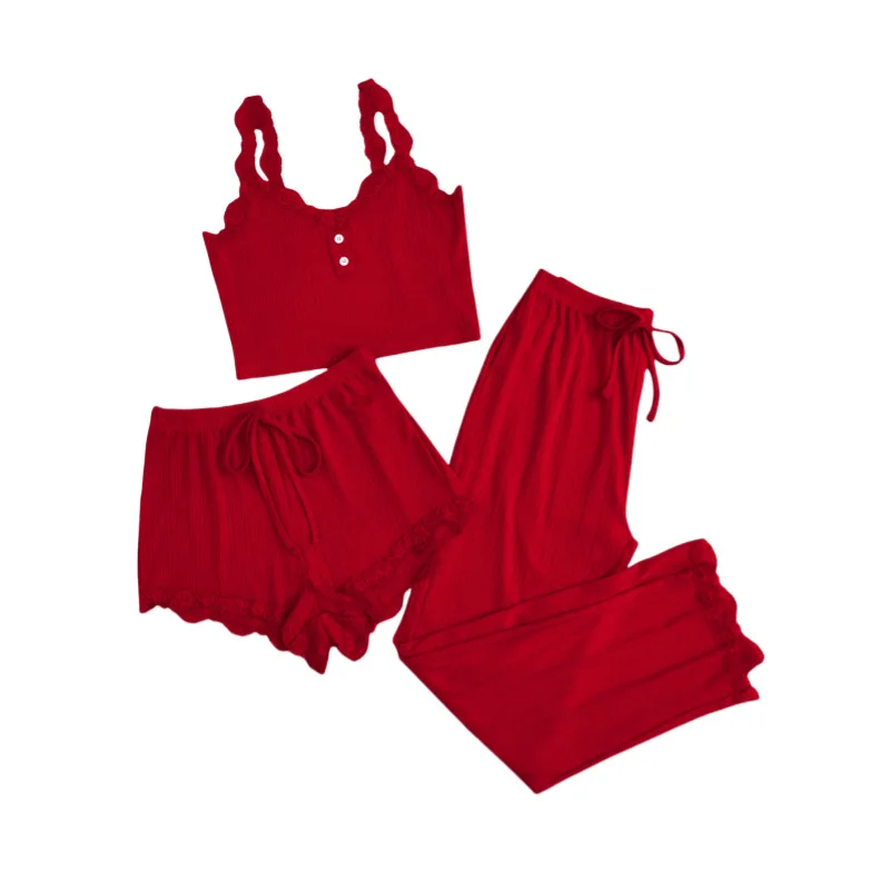 Breathable Satin Lace Trim Women's Three Piece Set Camisole Short Long Pants Sexy Nightgown Loungewear