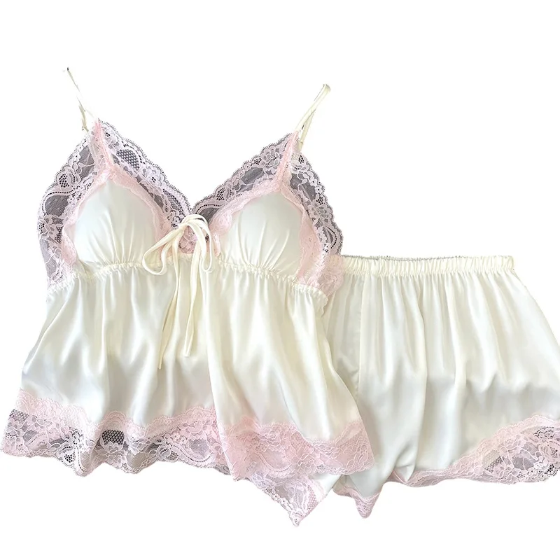 Breathable Satin Lightweight Sheer Sexy Lace-Trimmed Camisole Design Two-Piece Summer Women's Pajama Set