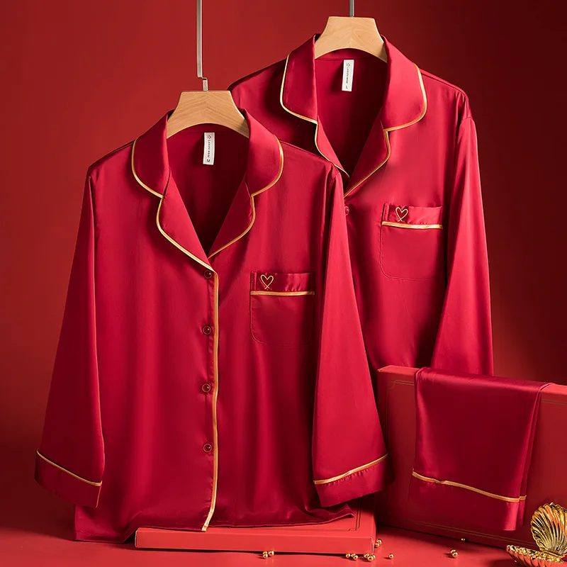 Breathable Solid Front Logo V-neck Couple Pajamas For Wedding Newlyweds Summer Satin Red Men's And Women's Wedding Set